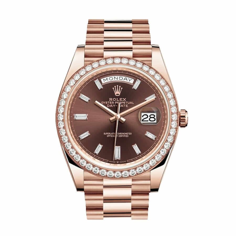 Rolex Day-Date 228345RBR Super Clone : 40mm Everose Gold Chocolate Dial Diamond Bezel with Caliber 3255