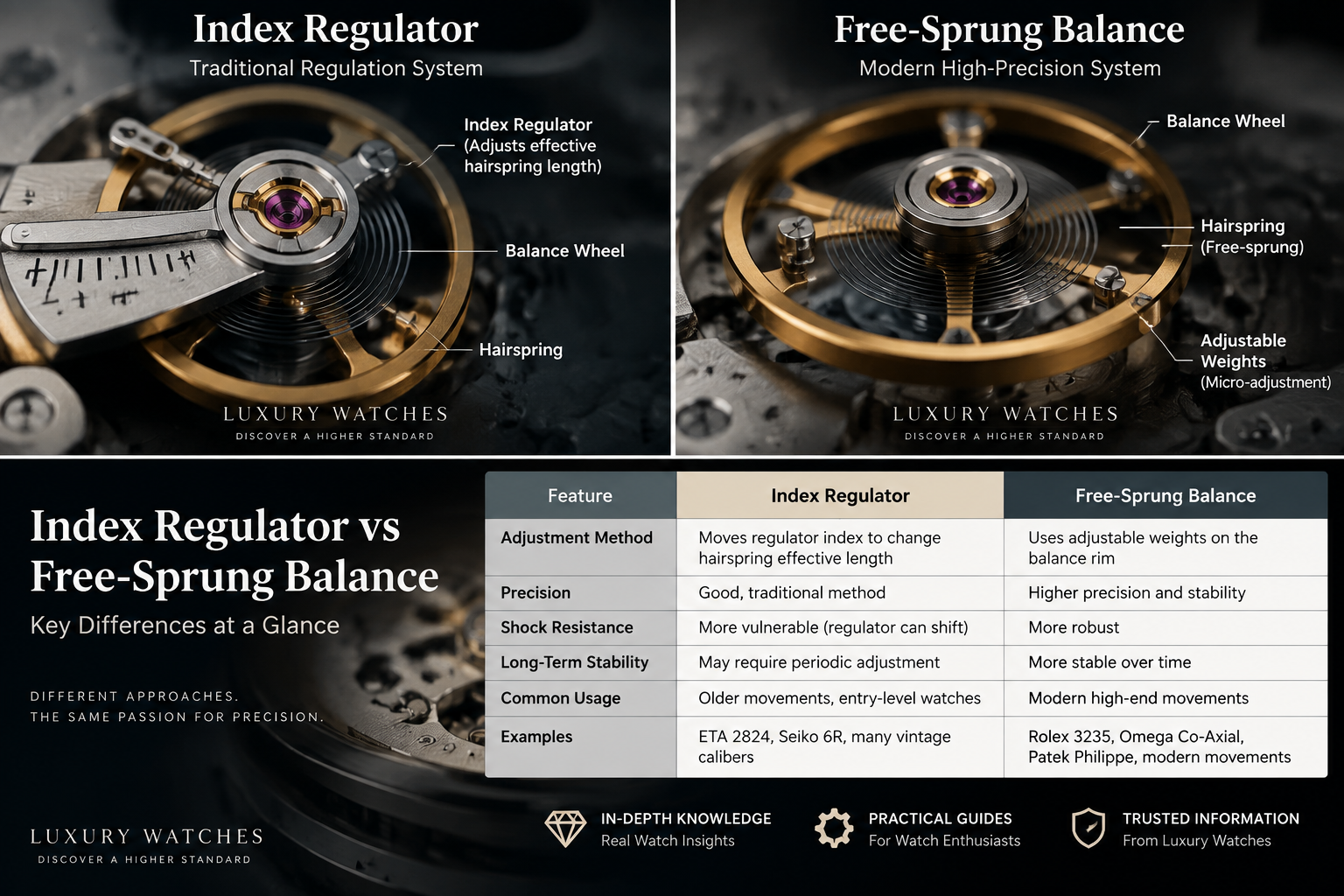 Index regulator and free sprung balance wheel technical comparison