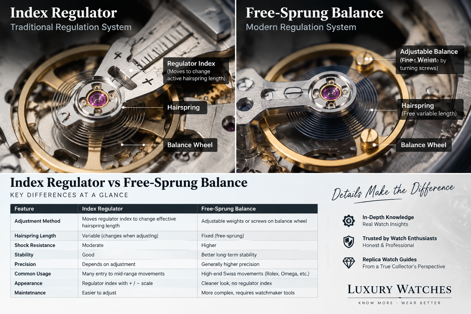 Index regulator vs free sprung balance mechanical watch movement comparison