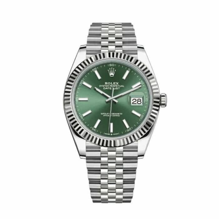Rolex Datejust 41 126334 Super Clone : Steel Fluted Bezel Mint Green Palm Dial