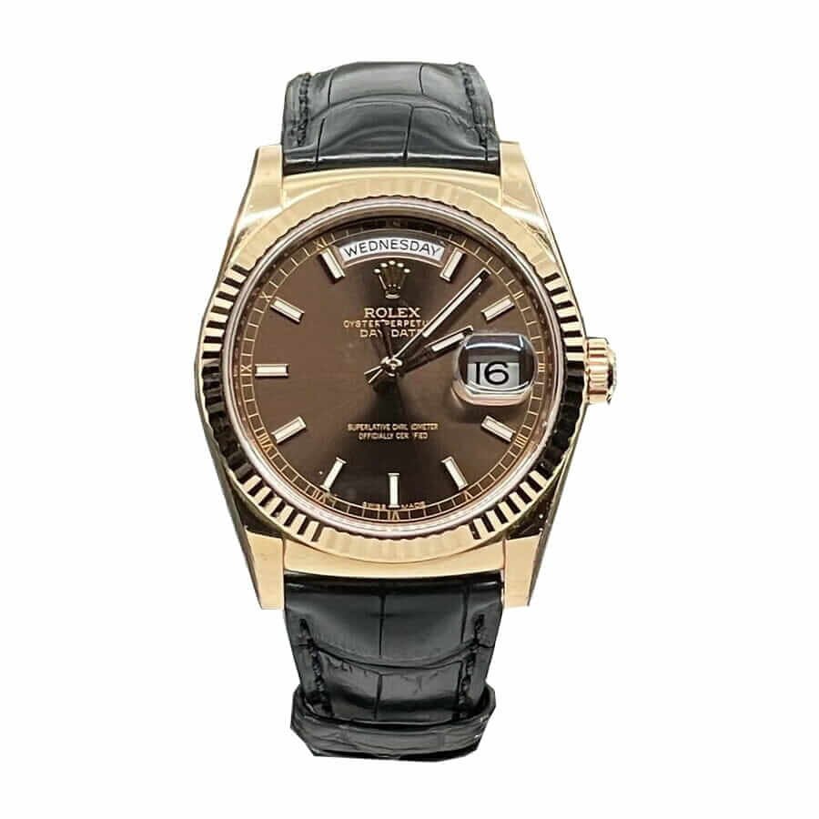 Rolex Day-Date 36 128138 Super Clone : 36mm Yellow Gold Black Dial on Black Leather Strap