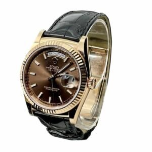 Rolex Day-Date 36 128138 Super Clone : 36mm Yellow Gold Black Dial on Black Leather Strap