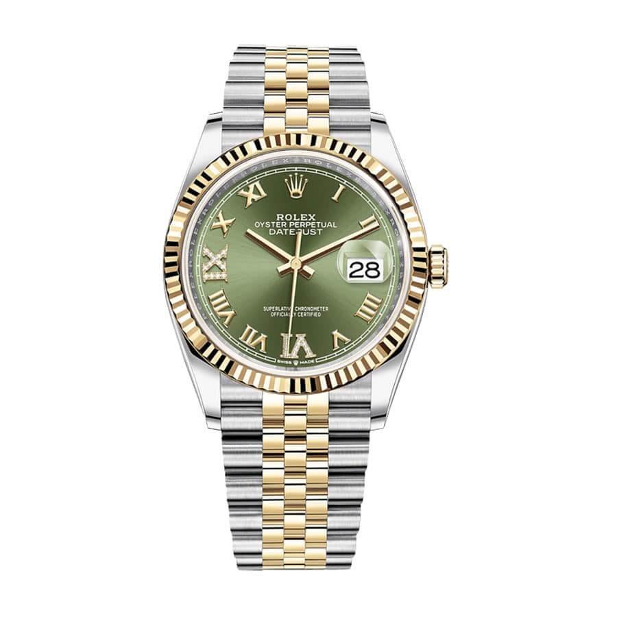 Rolex Datejust 126283RBR Super Clone : Two-Tone Diamond Bezel Green Roman Dial 36mm