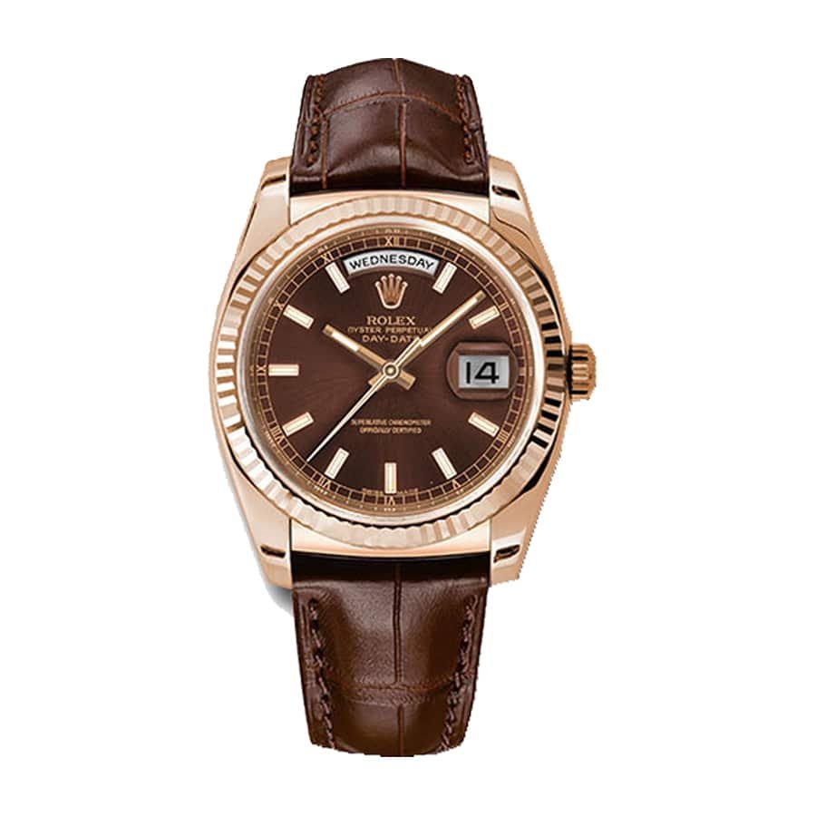 Rolex Day-Date 118135 V5 Brown Dial Super Clone : 36mm Everose Gold President with Caliber 3155 and Leather Strap