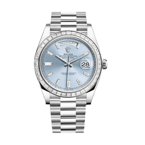 Rolex Day-Date 40 228396TBR Super Clone : 40mm Platinum Ice Blue Baguette Diamond Dial