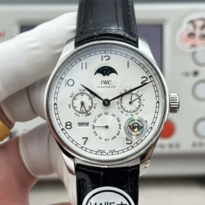 APS Factory IWC Portugieser Perpetual Calendar Automatic Men’s Watch, Silver Case, White Dial, Black Leather Strap
