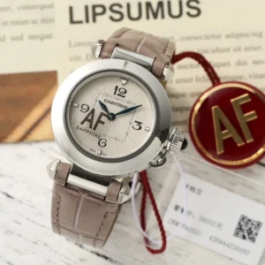 AF Factory Cartier Pasha de Cartier Silver Case White Dial Blue Hands Beige Alligator Leather Strap Luxury Women’s Watch