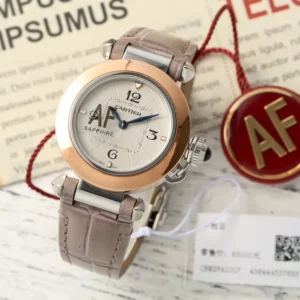 AF Factory Cartier Pasha de Cartier Women’s Rose Gold and Steel Automatic Watch with Beige Alligator Leather Strap and Sapphire Cabochon