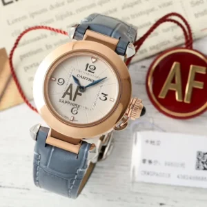 Cartier Santos AF Rose Gold Round Case Blue Leather Strap Women’s Quartz Watch