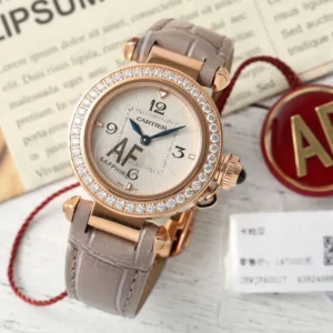 AF Factory Cartier Ballon Bleu de Cartier Rose Gold Diamond-Bezel Watch with Grey Leather Strap and Blue Sword Hands