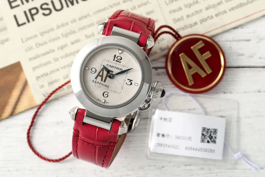 AF Factory Cartier Pasha de Cartier 35mm Women’s Watch with Silver Case, White Dial, and Red Leather Strap