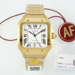 Cartier Santos de Cartier Large Automatic Yellow Gold Watch with White Roman Numeral Dial and Steel Bracelet