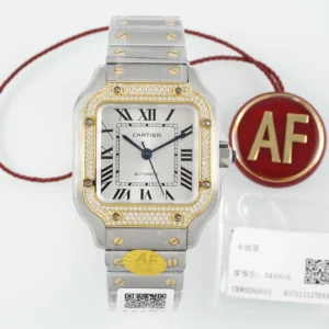 AF Factory Cartier Santos de Cartier Two-Tone Yellow Gold and Stainless Steel Diamond-Set Automatic Watch with White Dial