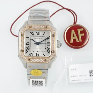 Cartier Santos de Cartier Automatic Two-Tone Steel and Yellow Gold Watch with Diamond-Set Bezel, White Dial and Roman Numerals