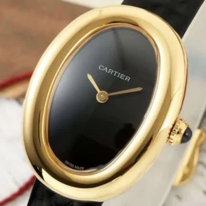 Cartier Baignoire Oval Black Dial Gold-Tone Case Black Leather Strap Women’s Watch
