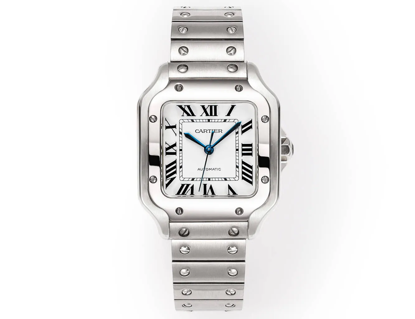 AF Factory Cartier Santos de Cartier automatic stainless steel watch, white dial and blue hands