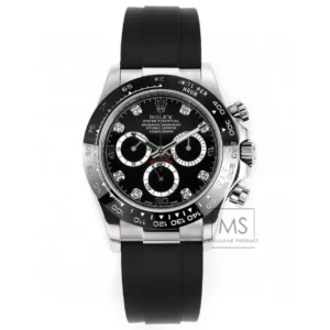 Rolex Daytona Black Diamond-Set Dial Chronograph Watch with Black Rubber Strap and Stainless Steel Case