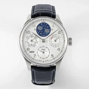 APS Factory IWC Portugieser Perpetual Calendar Automatic Men’s Watch – Silver Case, White Dial with Moon Phase, Black Leather Strap