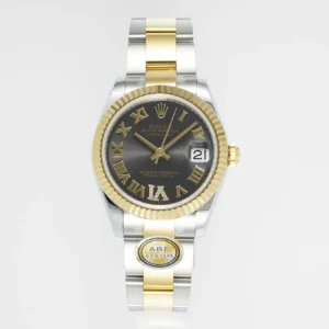 AR Factory Rolex Datejust 31mm Two-Tone Yellow Gold and Stainless Steel Watch with Black Roman Numeral Dial and Fluted Bezel