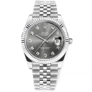 AR Factory Rolex Oyster Perpetual Datejust 41mm Stainless Steel Grey Dial Diamond Markers Fluted Bezel Jubilee Bracelet Watch
