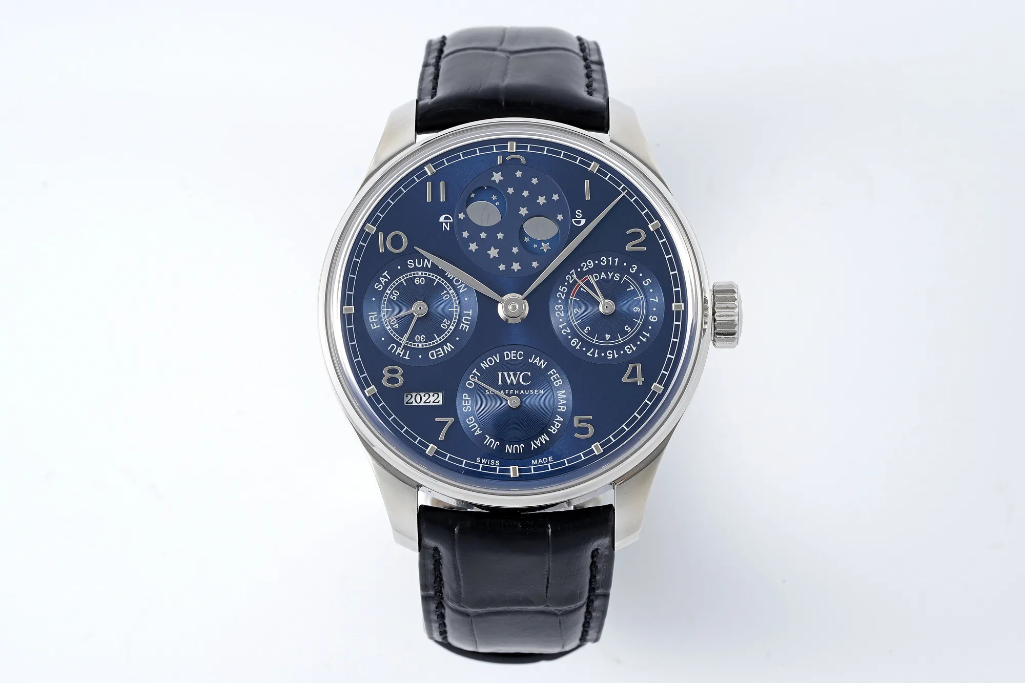 IWC Schaffhausen Portugieser Perpetual Calendar Blue Dial Moonphase Black Leather Strap Men’s Luxury Watch
