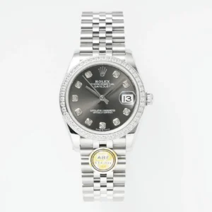 AR Factory Rolex Datejust Stainless Steel Watch with Diamond Bezel, Rhodium Dial, and Jubilee Bracelet