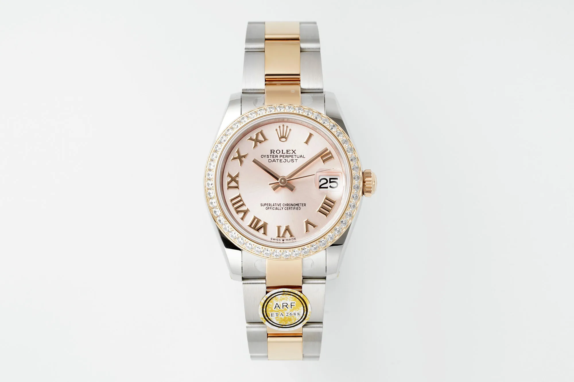 AR Factory Rolex Datejust 31mm Two-Tone Rose Gold and Stainless Steel Diamond Bezel Pink Dial Roman Numerals Women’s Watch