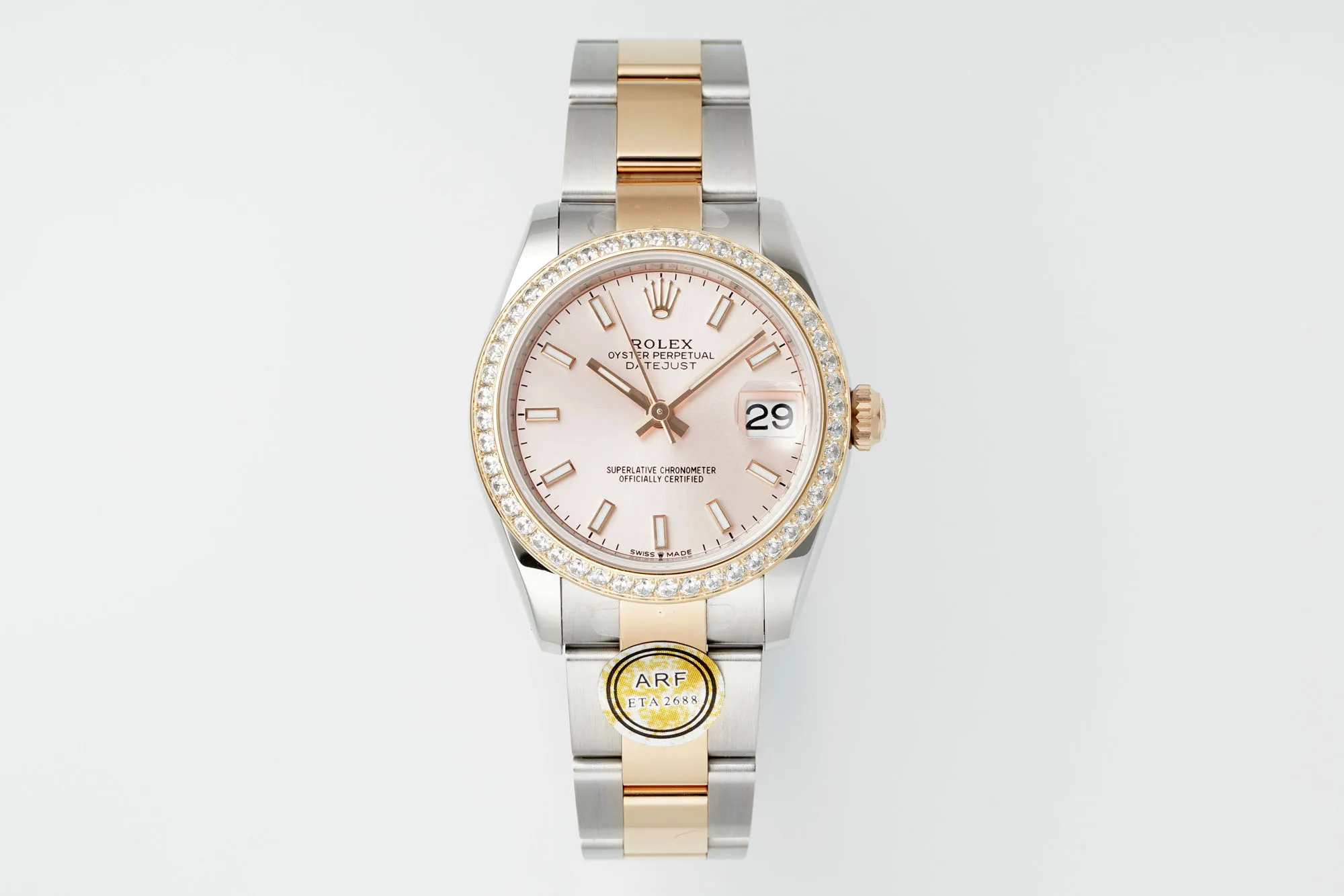AR Factory Rolex Datejust 31mm Two-Tone Stainless Steel and Yellow Gold Pink Dial Diamond Bezel Women’s Watch