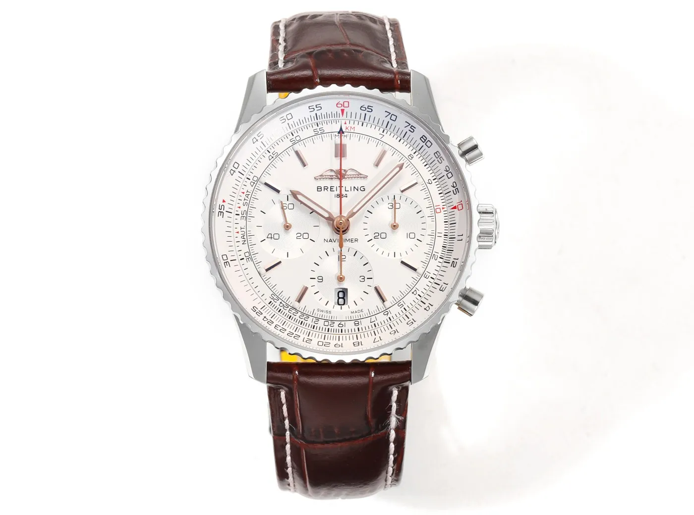 BLS Factory Breitling Navitimer 01 Chronograph Automatic Men’s Watch with Silver Dial, Brown Leather