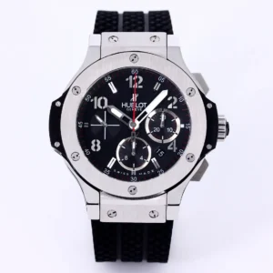 BB Factory Hublot Big Bang 44mm Black Dial Chronograph Watch with Rubber Strap – Silver Case | Super Clone Edition