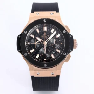 WWF Factory Hublot Big Bang 44mm Rose Gold Black Dial Chronograph Watch with Rubber Strap – Super Clone Edition