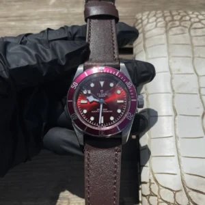 ZF Factory Tudor Black Bay Burgundy Red Dial Automatic Diver’s Watch with Brown Leather Strap