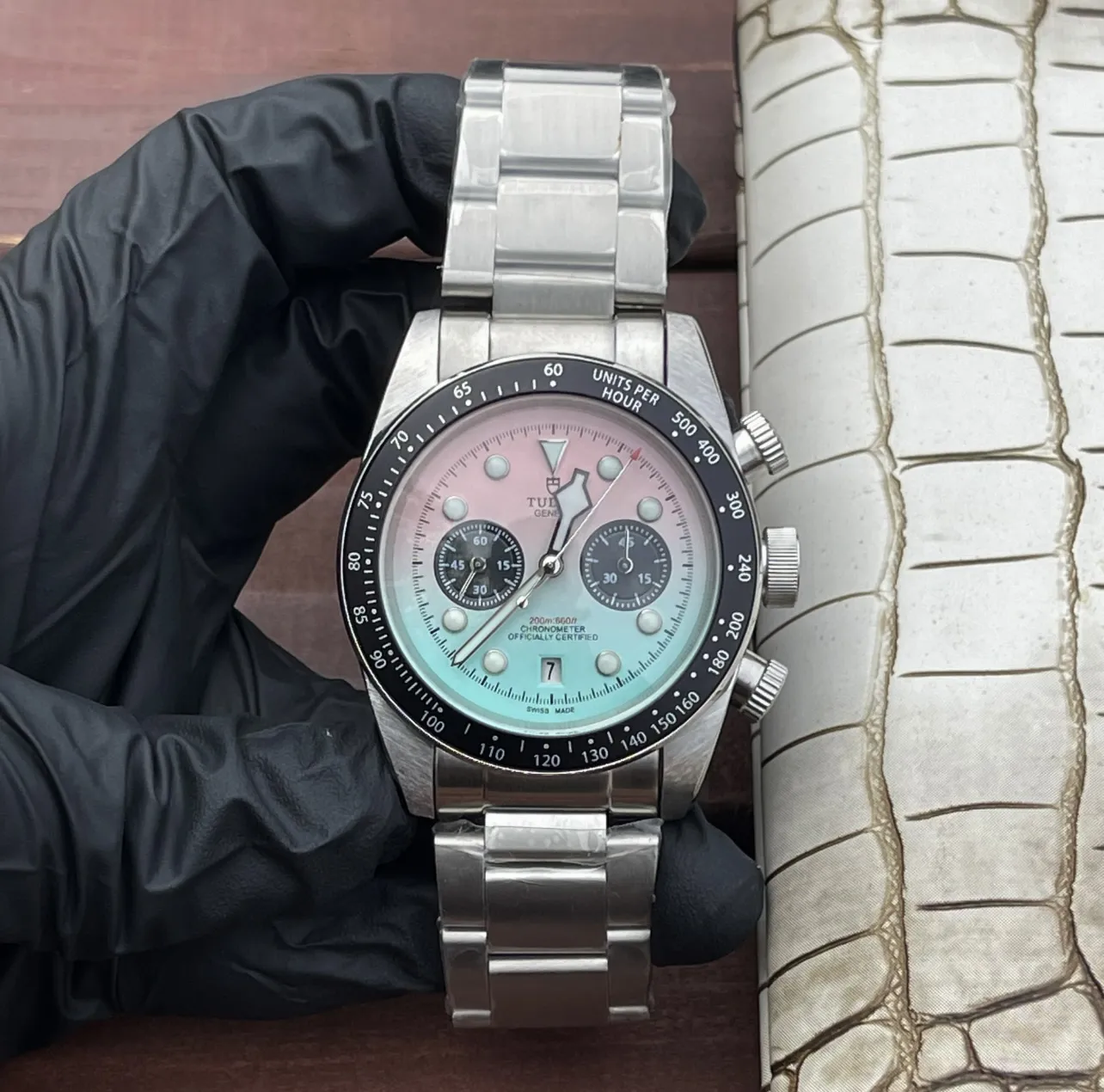 ZF Factory Tudor Black Bay Chrono Gradient Pink-to-Blue Dial Stainless Steel Bracelet Men’s Chronograph Watch