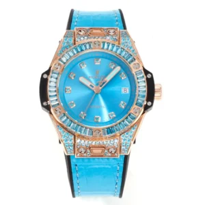 ZF Factory HUBLOT Big Bang One-Click 39mm Stainless Steel Rainbow Watch – Blue Dial, Rose Gold and Diamond Bezel, Blue Leather Strap, Best Replica Watch