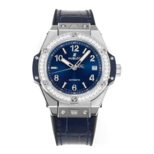 ZF Factory HUBLOT Big Bang One-Click 39mm Stainless Steel White Diamond-Set Watch with Blue Leather Strap – Super Clone Edition