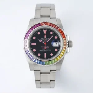 Rolex Submariner Rainbow Bezel Watch – Black Dial with Pink Markers, 40mm Stainless Steel Case Timepieces