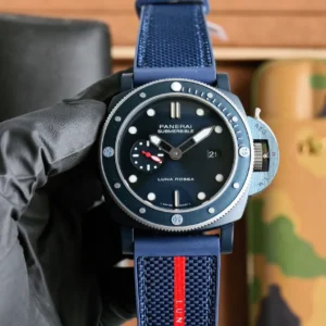 Panerai Submersible Luna Rossa Blue Dial Navy Blue Fabric Strap with Red Stripe Men’s Dive Watch