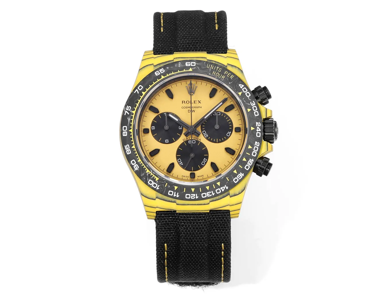 Rolex Daytona Carbon Fiber Night Glow Case Yellow Dial Black Strap VSF