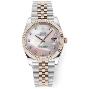 Rolex Datejust 41mm Watch – Two-Tone Stainless Steel and Rose Gold with Pink Dial, Diamond Markers, and Super Clone Quality