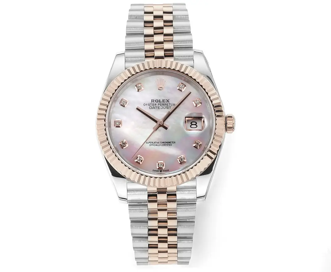 Rolex Datejust 41mm Watch – Two-Tone Stainless Steel and Rose Gold with Pink Dial, Diamond Markers, and Super Clone Quality