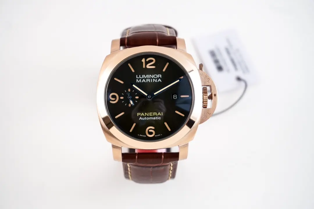 Panerai Luminor Marina Automatic Rose Gold Case Black Dial Brown Leather Strap Men’s Luxury Watch