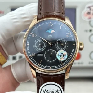 IWC Portugieser Perpetual Calendar Black Dial Rose Gold Case Brown Leather Strap Men’s Luxury Watch