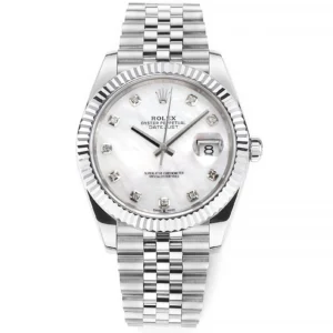 Rolex Datejust 41mm Silver Stainless Steel Watch with Diamond Dial, Fluted Bezel, and VSF Super Clone Quality