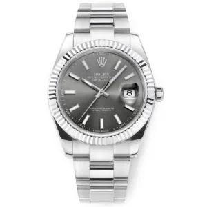 Rolex Datejust 41mm Watch – Silver Fluted Bezel, Grey Dial, Stainless Steel Bracelet, Super Clone VSF Rolex