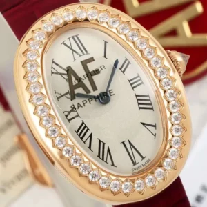 AF Factory Cartier Baignoire Allong??e Diamond-Set Rose Gold Oval Watch with Burgundy Leather Strap and Roman Numeral Dial