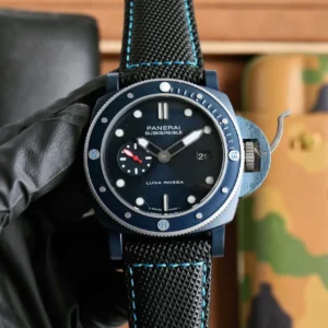 Panerai Submersible Luna Rossa Blue Fabric Strap Black Dial Men’s Dive Watch