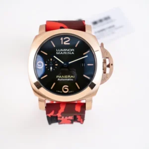 Panerai Luminor Marina Automatic Navy Blue Dial Rose Gold Case Red Camo Rubber Strap Men’s Luxury Watch