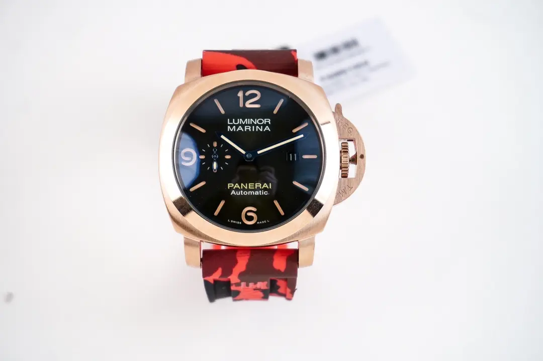 Panerai Luminor Marina navy blue dial rose gold case red camo rubber strap