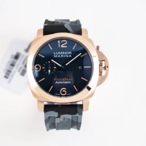 Panerai Luminor Marina Automatic Rose Gold Case Black Dial Camouflage Rubber Strap Men’s Luxury Watch